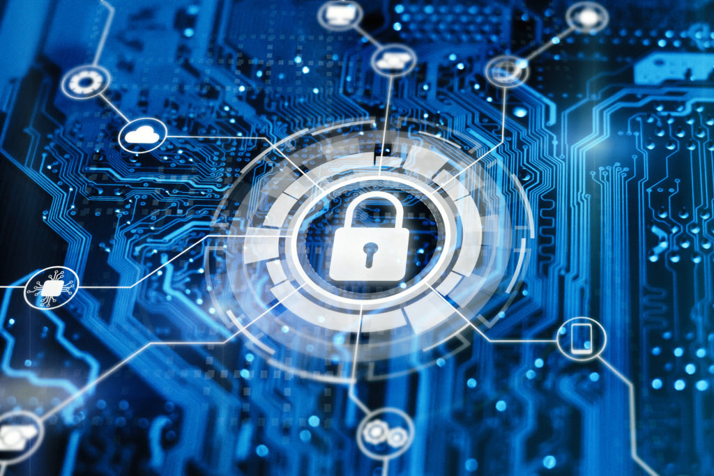 Cybersecurity and secure nerwork concept. Data protection, gdrp. Glowing futuristic backround with lock on digital integrated circuit. ACH Newsletter Bennington State Bank