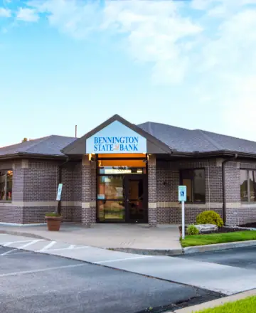 Bennington State Bank branch at 3001 SW Wanamaker Rd. Topeka, KS- exterior view of bank location showing main entrance and surrounding area